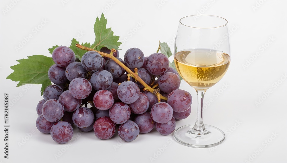 Naklejka premium Glass of wine and bunch of ripe grapes on a white background