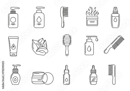Black and white line art icons of hair and skin care products and tools
