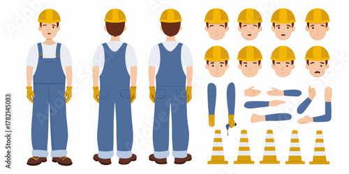 Construction worker character kit with multiple poses facial expressions and safety cones for design