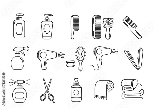 Black and white line art icons related to hair care and salon tools