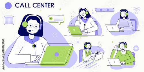 Diverse team of call center agents working with headsets and laptops providing customer support and communication services