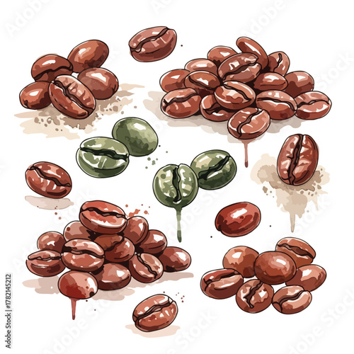 Vector Illustration of Coffee Beans with Drips in Organic Style Featuring Brown and Green Colors