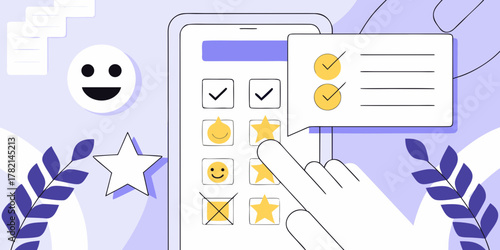Customer feedback survey on smartphone screen with hand selecting star rating and happy face emojis