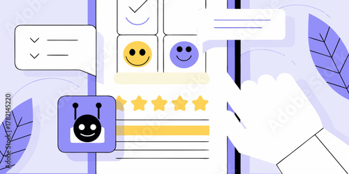 Customer feedback and rating system with smiling emojis and star ratings on a digital device