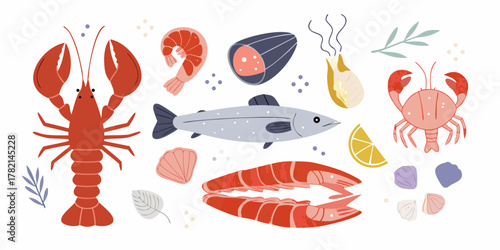 A vibrant collection of fresh seafood illustrations including lobster shrimp crab fish mussels and lemon slices