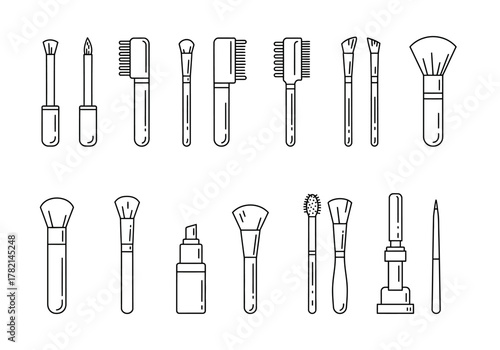 Black and white line icons of various makeup brushes and applicators