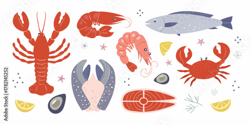 Collection of delicious seafood and fish illustrations with lemon and herbs on a white background