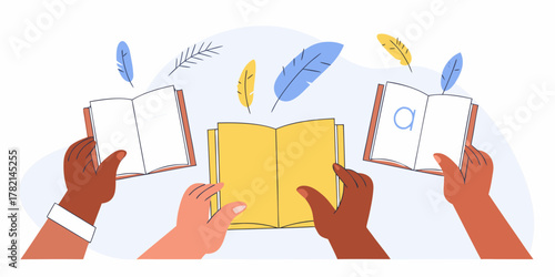 Diverse hands holding open books with floating feathers symbolizing creativity and learning