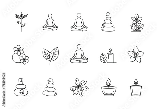 Black line icons depicting spa meditation and aromatherapy elements arranged in three rows