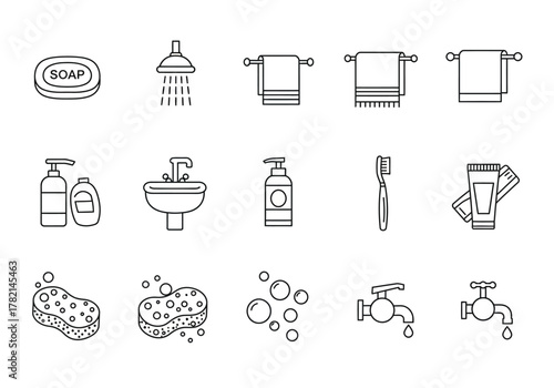 Black outline icons of various bathroom and hygiene objects arranged in three rows