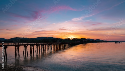 Fototapeta Naklejka Na Ścianę i Meble -  U Bein Bridge during sunset, showcasing natural beauty and tranquility