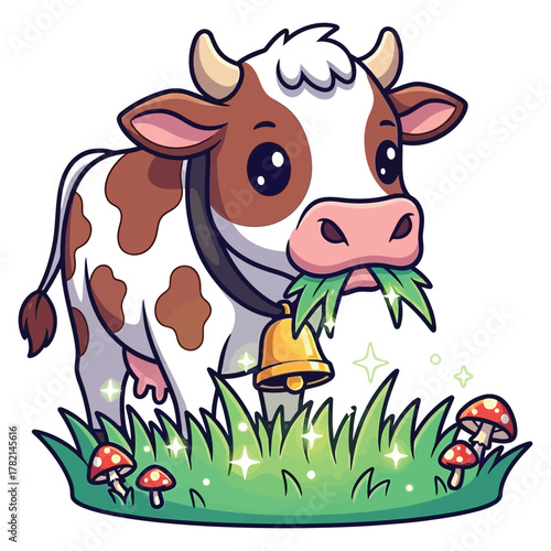 Adorable cartoon cow happily munching on fresh green grass surrounded by magical sparkling mushrooms and a charming golden bell