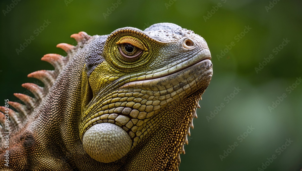 Obraz premium Close-up image of a large male iguana, emphasizing its head and features, highlighting its herbivorous nature