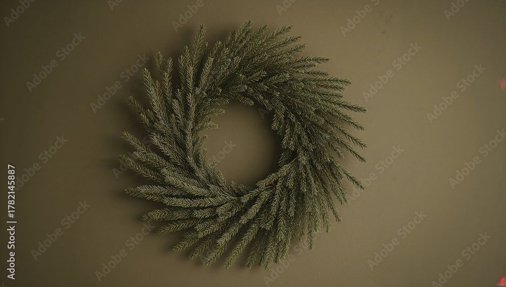 Naklejka premium On an olive colored wall, a circular wreath crafted from fir branches and needles, seasonal decor for Christmas