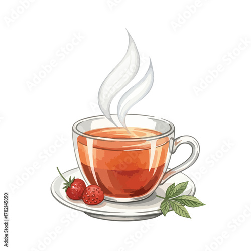 Vector Illustration of Hot Tea in a Cup with Strawberries and Mint Leaves in Modern Realistic Style