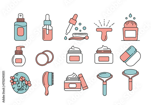 Collection of stylized beauty and skincare icons in pastel pink and cyan