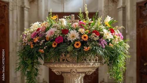 Baptismal font adorned with floral arrangements, decorative flowers, celebration theme