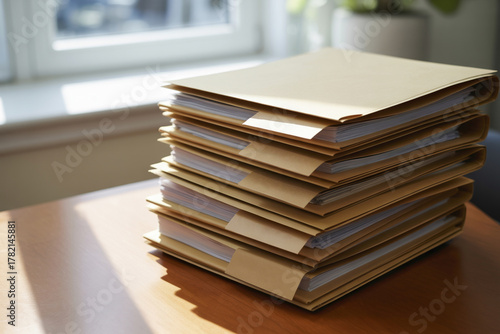 A stack of folders with documents.