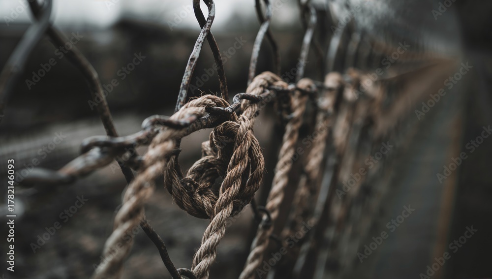 Obraz premium Intertwined rope strands drape over a metallic fence, showcasing texture and wear, ideal for editorial header background