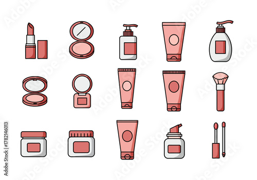 Flat design icons of various pink and coral cosmetic and beauty products