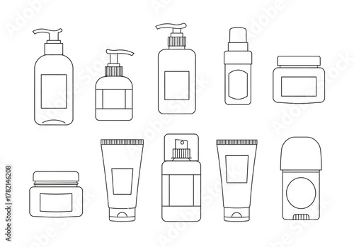 Outline drawing of ten assorted personal care product containers arranged in two rows