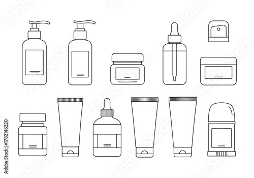 Outline icons of various cosmetic and personal care product containers