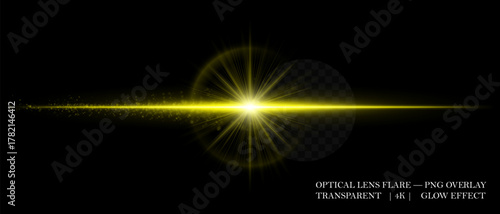 Horizontal optical lens flare with glowing dust and luminous beam. Great for cinematic overlays, highlight accents, and futuristic design compositions.