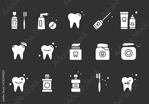 White dental care icons displayed in three rows against a dark gray background