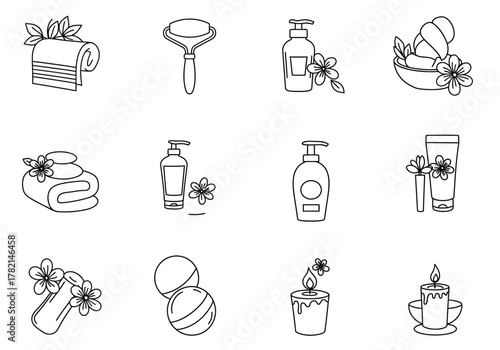 Twelve lineart icons depicting spa beauty and selfcare items