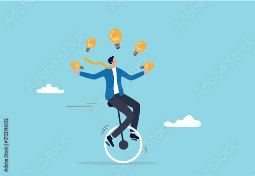 Creativity and ideas, innovation or skill to success in business, skillful businessman riding unicycle juggling lightbulb lamp metaphor of plenty ideas
