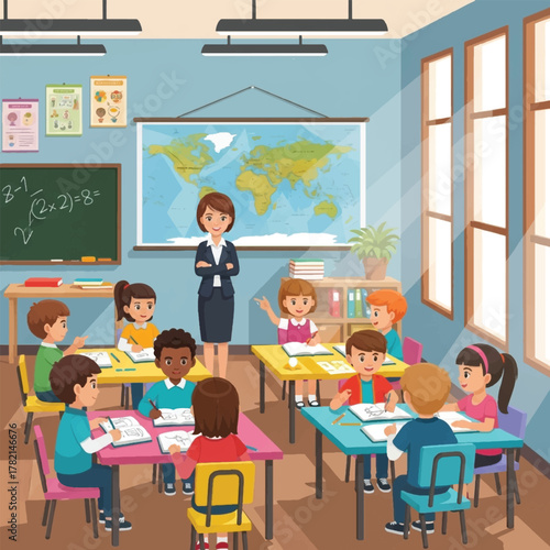A female teacher stands in front of a diverse group of elementary school students in a bright, colorful classroom.