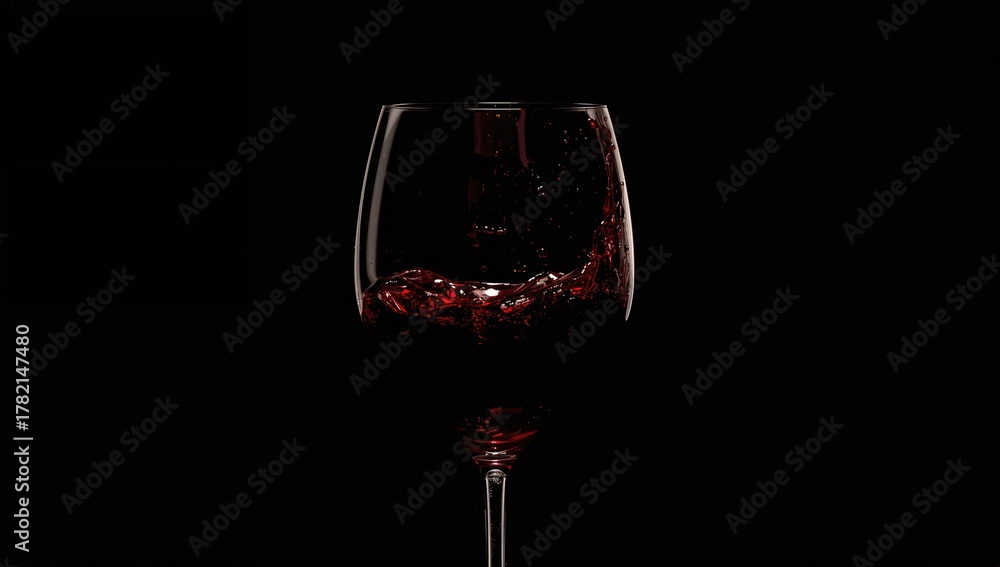 Naklejka premium A Glass Containing Red Wine, Captured Drops in View, Dark Backdrop