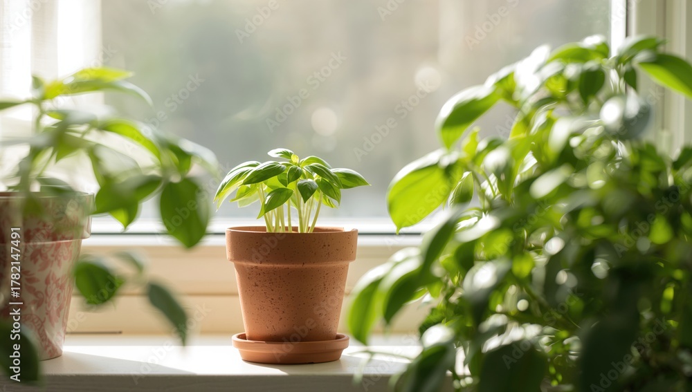 Fototapeta premium Home gardening, basil seedlings in a flower pot on a windowsill, beneficial for indoor air quality