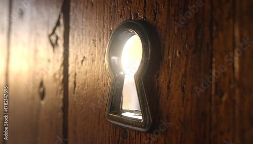 Wallpaper Mural Close-up of a keyhole carved into aged, wooden door. Bright light shines through the opening, creating contrast with the dark wood Torontodigital.ca