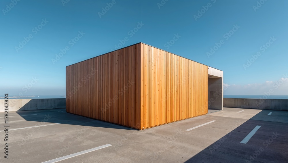 Obraz premium Aerial view of a structure featuring wooden and cement elements, urban density