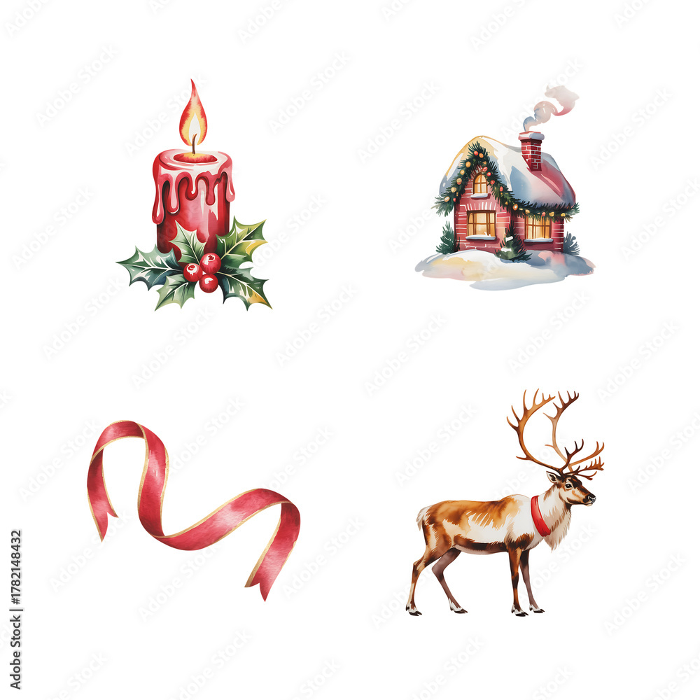 Fototapeta premium Collection of four festive watercolor christmas elements including a candle snowy house ribbon and reindeer isolated on transparent background
