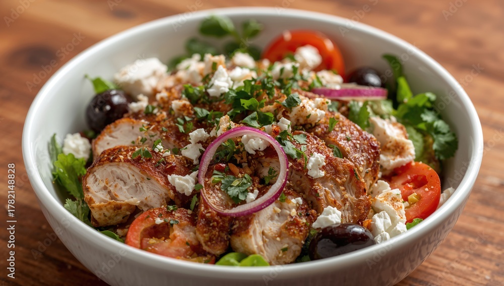 Fototapeta premium Greek salad featuring grilled chicken and herbed vinaigrette, protein-rich meal