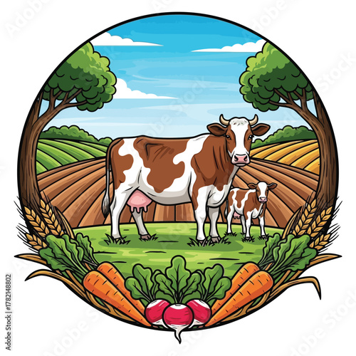 Vibrant farm scene with cows grazing amidst rolling fields and fresh produce, embodying healthy living and natural bounty.