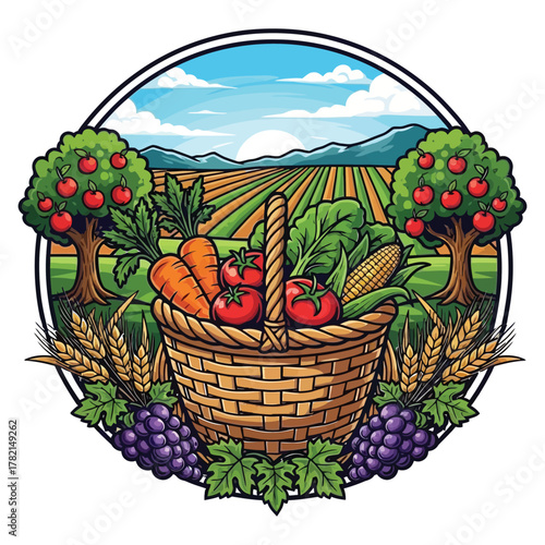 Vibrant harvest bounty overflows from a rustic basket, showcasing fresh produce and bountiful fields under a bright sky