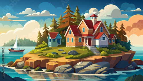 Very beautiful view of a cozy cottage on a small rocky island with the coastal town of Boothbay Harbor, Maine, USA in the background, featuring calm ocean waters, colorful buildings, and a realistic s