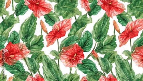 Watercolor seamless pattern featuring anthurium, vibrant tropical botanical design, editorial header background