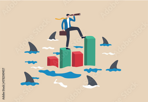 Risk management for investment or stock trading, crypto currency or economic, market volatility or uncertainty challenge, investment strategy concept, businessman with telescope on risky graph.