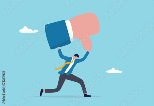 Customer complaint or bad reputation, disappointment from mistake or failure, underperform, negative and dissatisfaction concept, tried businessman carry heavy thumb down symbol on his shoulder.