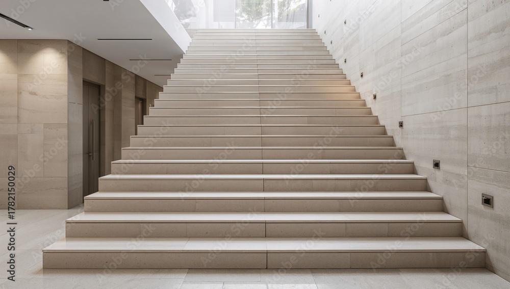 Fototapeta premium Wide staircase adorned with ceramic tiles illuminated by indoor light, enhancing modern architecture and interior design