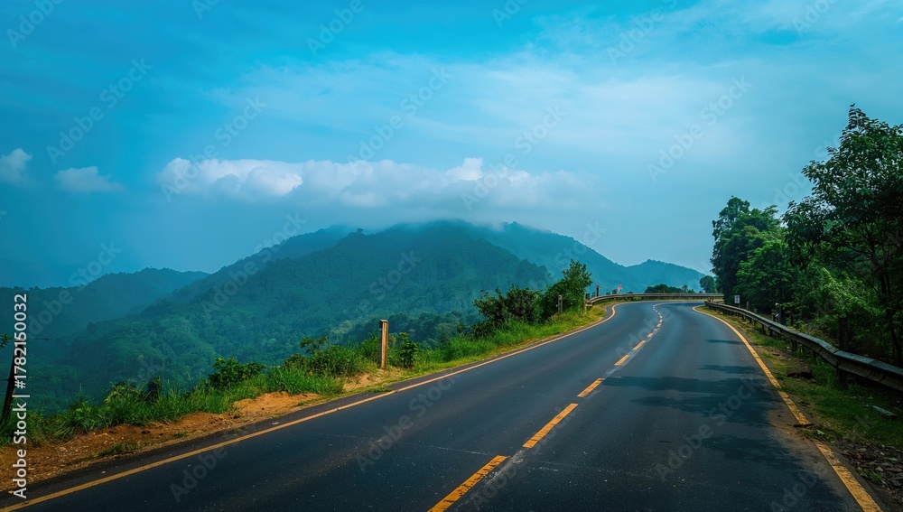 Naklejka premium The winding roads of a hill area with the Western Ghats in the backdrop, scenic travel route, landscape preservation
