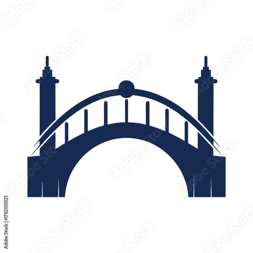 Dark blue silhouette of an arched bridge with towers