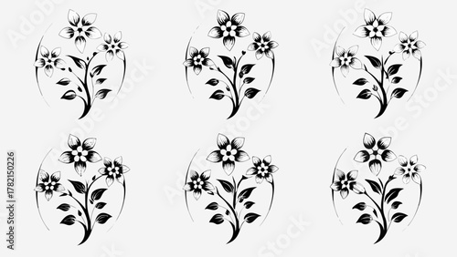 Elegant black and white floral motifs perfect for decorative accents, branding, and artistic projects, offering timeless botanical beauty.