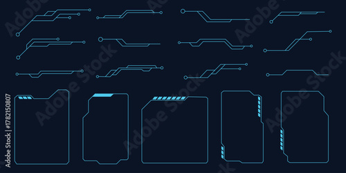 Abstract futuristic HUD frame outline set elements icon vector. UI, GUI, KIT Tech graphic shape. cutting edge look for games and apps symbol. vector illustration.