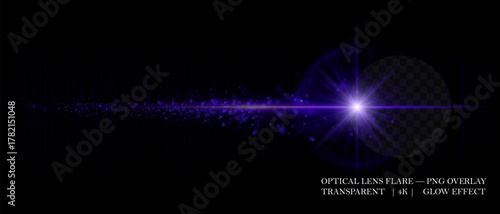 Dynamic lens flare with glowing dust particles and strong horizontal beam. Ideal for digital overlays, sci-fi visuals, and motion graphic designs.