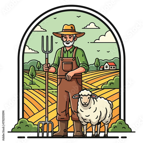 Confident farmer standing proudly with pitchfork beside fluffy sheep in golden sunlit fields at rural homestead